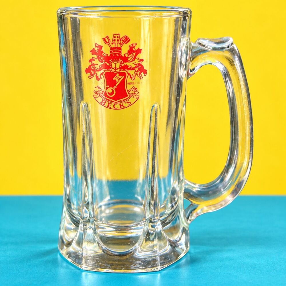 Beck’s Beer Clear Glass Mug Red Crest Heavy Faceted German Barware Stein
